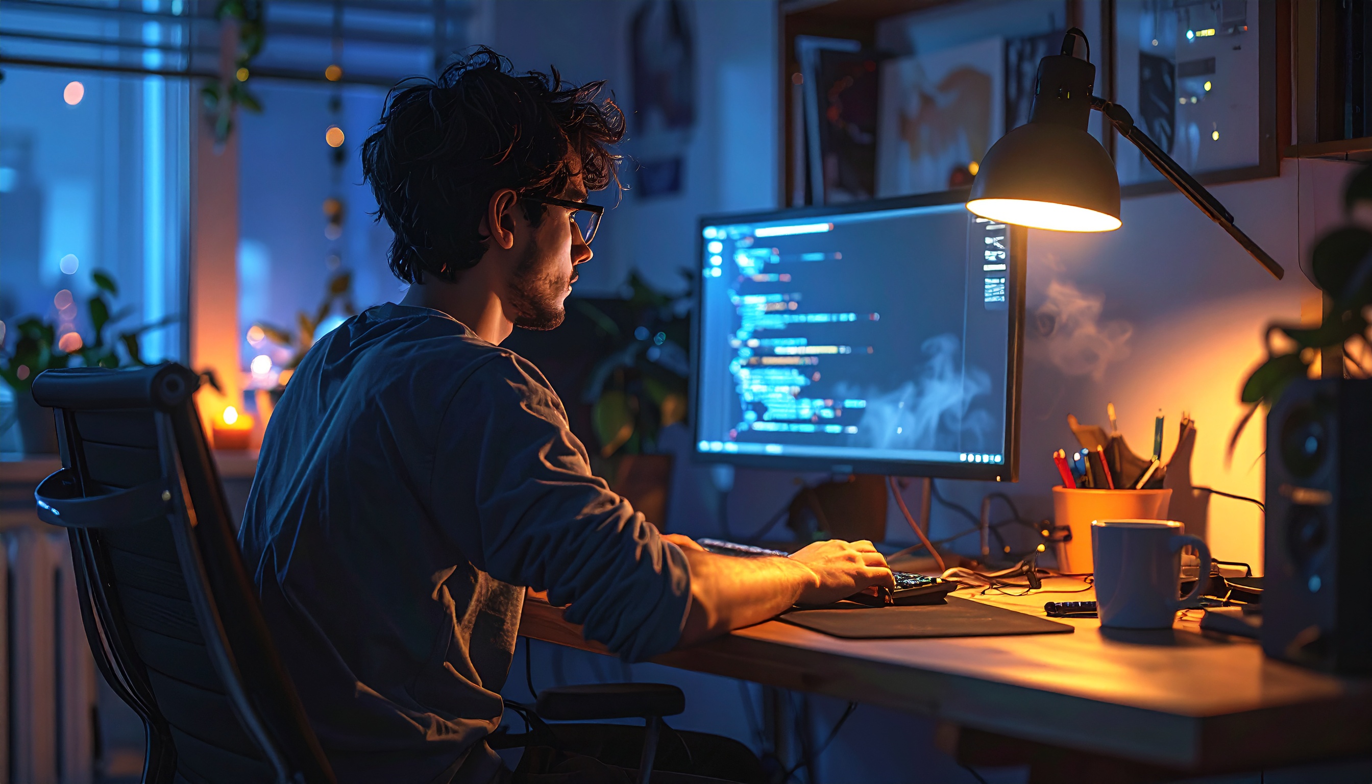Homem concentrado trabalha em programação em ambiente noturno, iluminado por luz quente de abajur, com tela de computador exibindo código colorido. Plantas e decoração minimalista compõem o fundo, criando atmosfera de foco e criatividade.